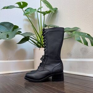 RARE Frye Campus Lug Lace Up Black Leather Vintage Knee High Boots Size 8